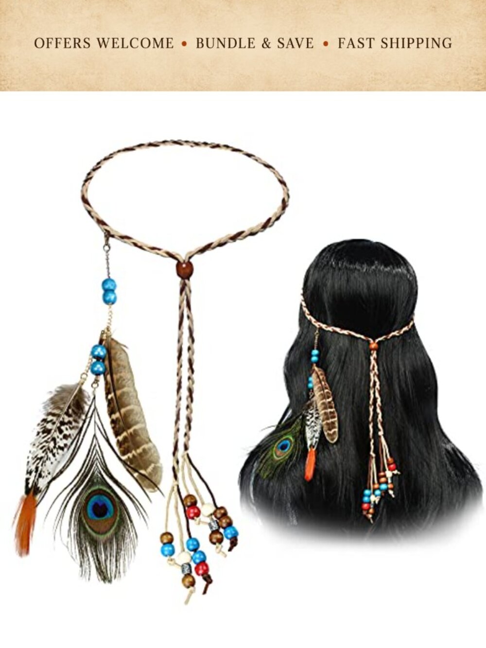 Boho Feather Headband Peacock Adjustable Beaded Hair Accessory Festival Costume
